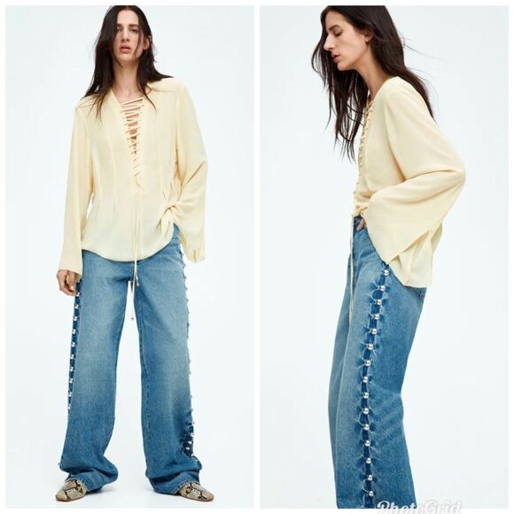 H&M Lacing-Detail Chiffon Pale Yellow Blouse Lace-Up - Picture 2 of 5